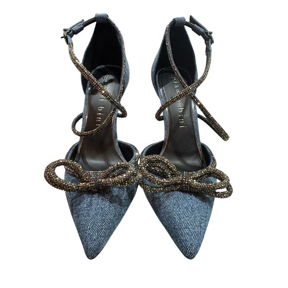 Gianni Bini EzlynnThree Denim Rhinestone Bow Heels 4” Pumps Y2K Coquette sz 8 - Picture 3 of 7